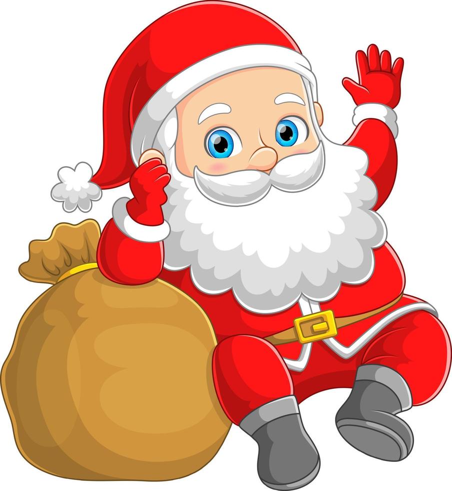 The cute santa claus with the big sack full of gift is waving the hand 13960863 Vector Art at