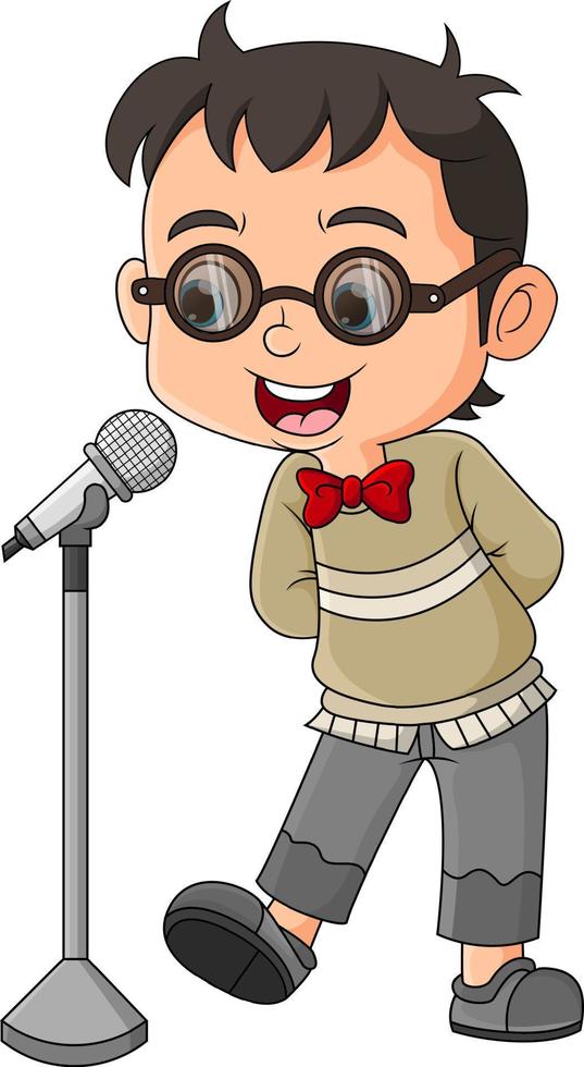 el chico nerd está cantando lindamente con un micrófono de pie en el escenario vector