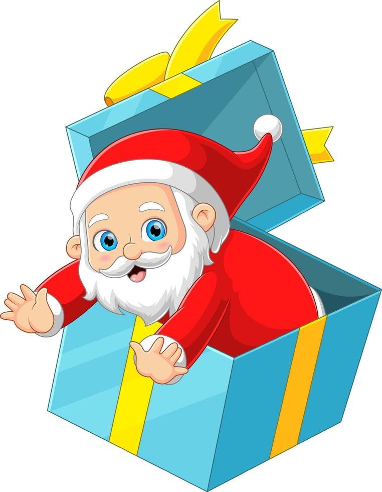 Papá Noel está sorprendiendo a alguien en una gran caja de regalo y haciendo estallar vector