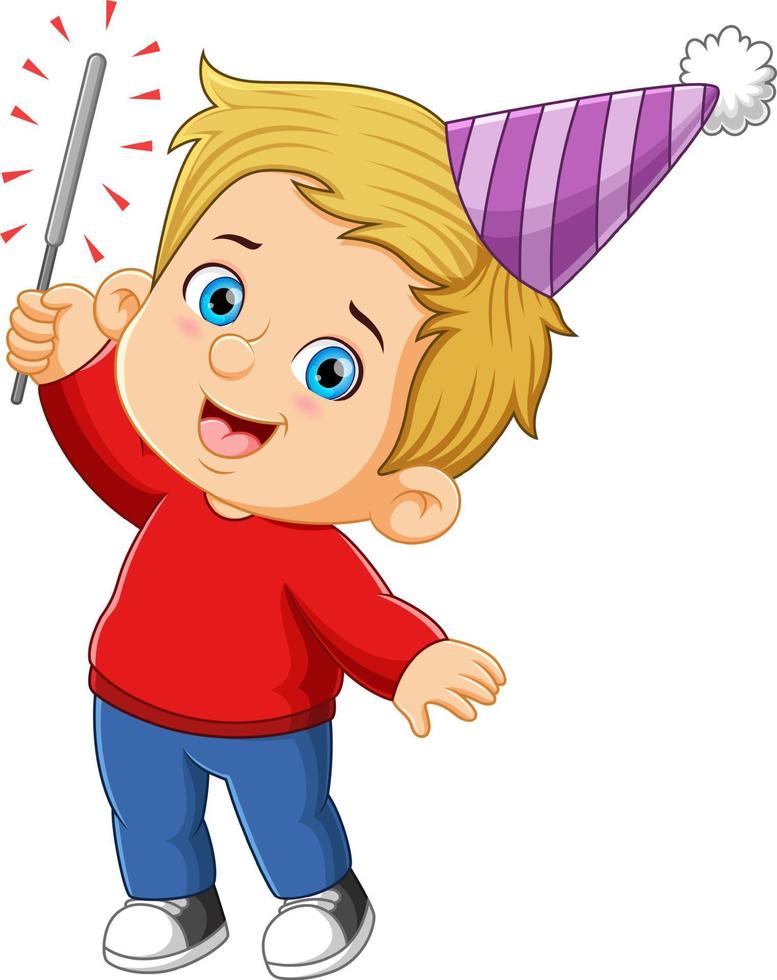 The cute boy is holding and playing with the firework in the new year day vector