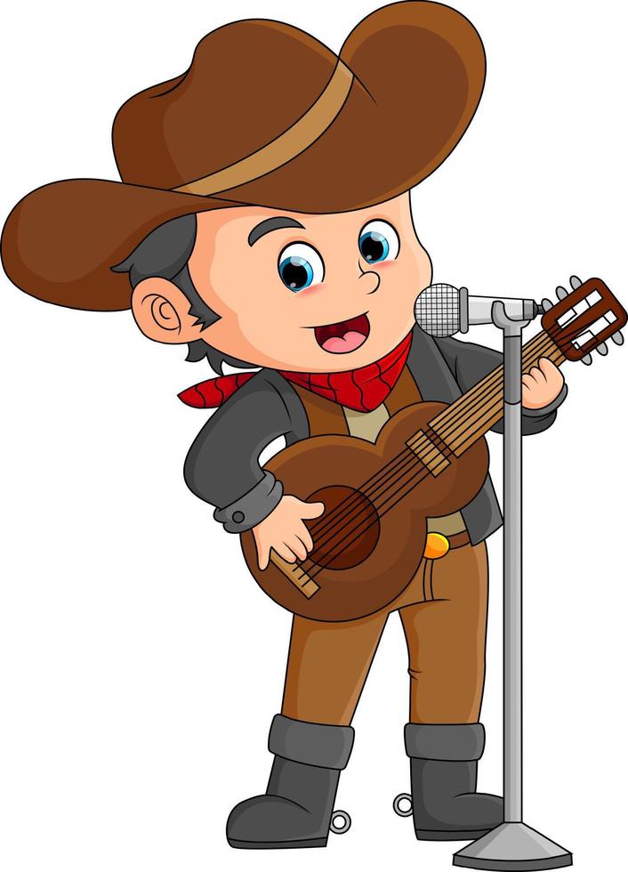 The country boy is singing country song while using guitar and standing mic vector