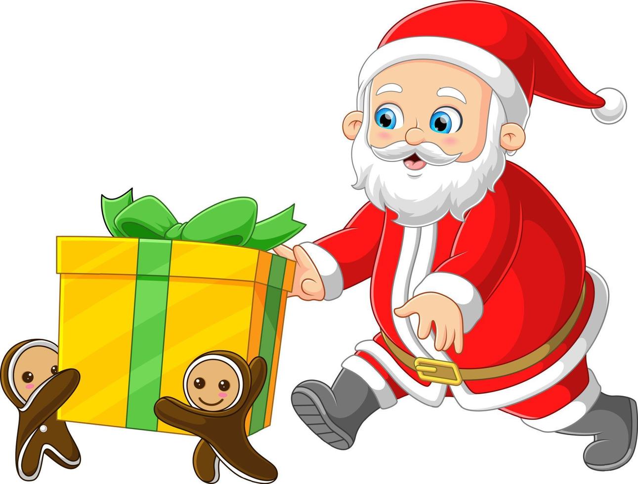 The Santa claus is running to catch a gift that is taken by little ginger cookies vector