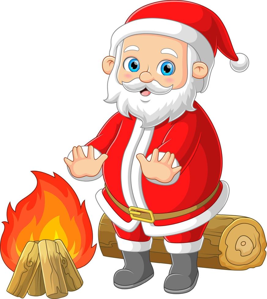 The Santa claus is warming his hand in front of fire on wood vector