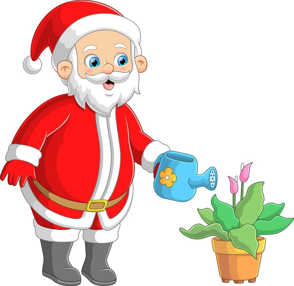 santa claus regando la planta en la maceta vector