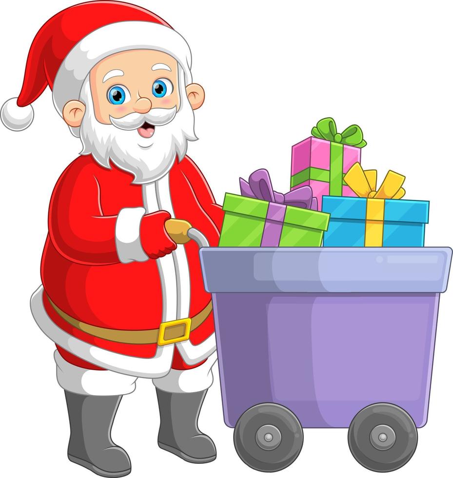 santa claus empujando carro y muchos regalos vector