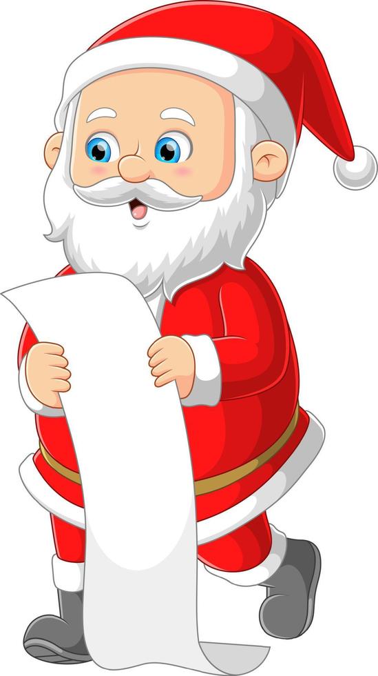 santa claus trae largas notas de papel sobre el regalo de los niños vector