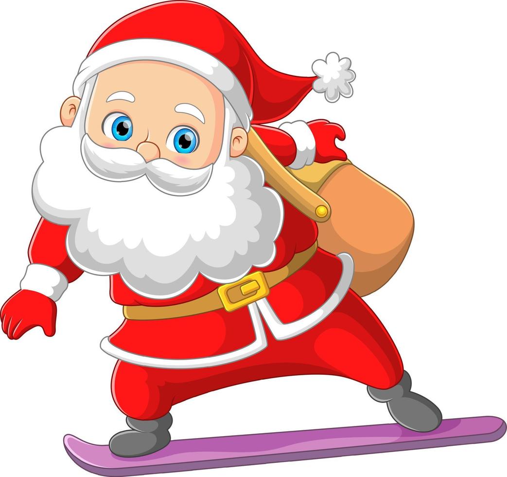 The happy Santa claus is holding the gift bag and sliding on the ice skating board vector