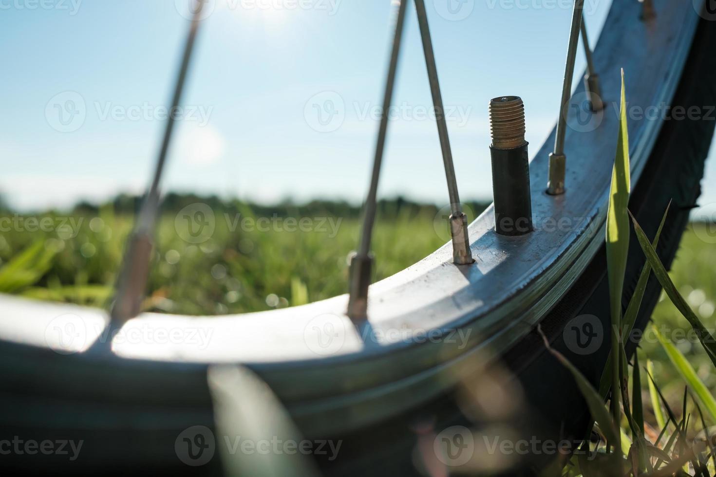 primer plano de un pezón sin tapa en una rueda de bicicleta, en un prado, contra el fondo del cielo y el sol. Neumático desinflado. foto