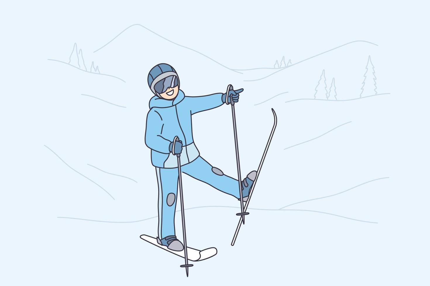 Winter activities and leisure concept. Smiling child kid cartoon character in sports costume standing and ready for sliding down hill slope vector illustration