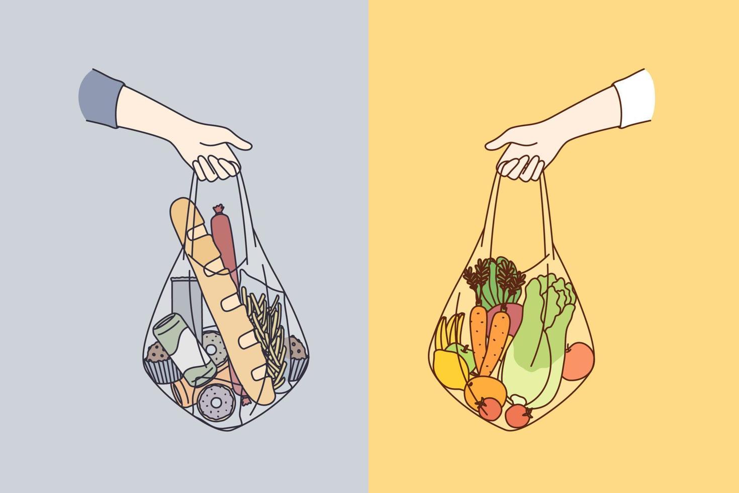 dieta, eligiendo entre varios conceptos de alimentos. manos humanas sosteniendo bolsas de vegetales saludables veganos taw alimentos naturales e ingredientes ordinarios ilustración vectorial vector