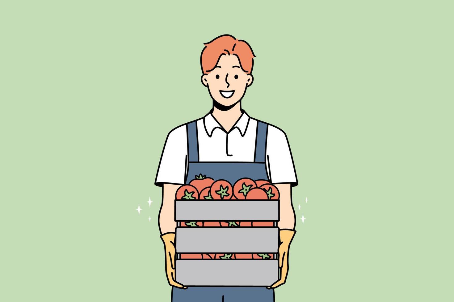 Smiling male farmer holding box of fresh tomatoes. Happy man gardener with baskets of vegetables from farm. Gardening and agriculture. Vector illustration.