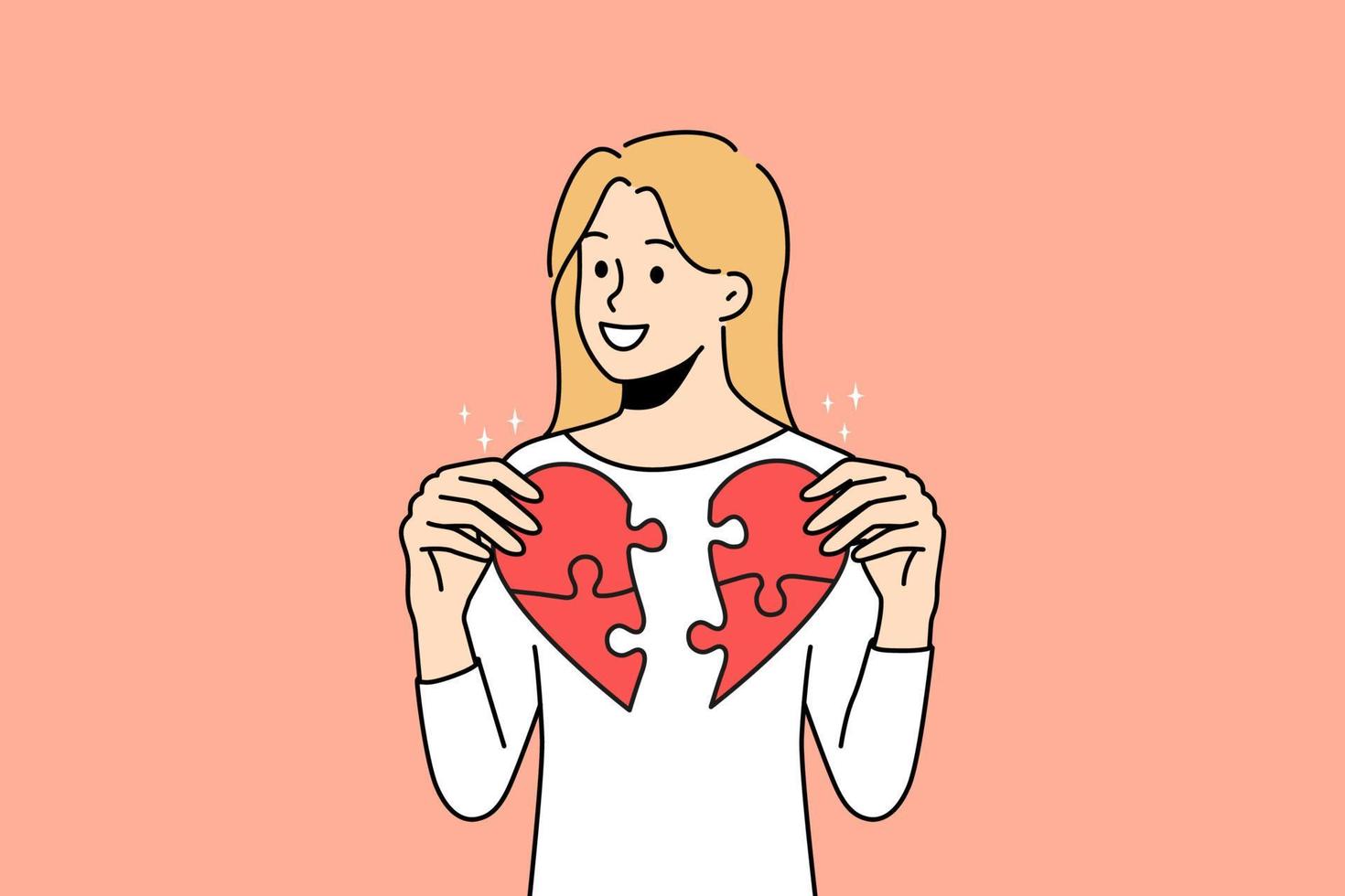 Smiling young woman connect jigsaw puzzles into heart. Happy girl join parts cure broken heart search for love. Vector illustration.