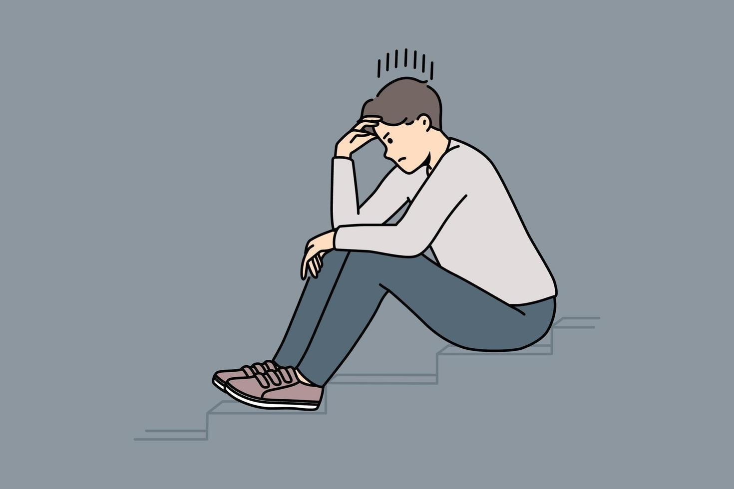 Stressed man sit on stairs thinking or making plan. Distressed unhappy guy lost in thoughts having dilemma or issue. Vector illustration.