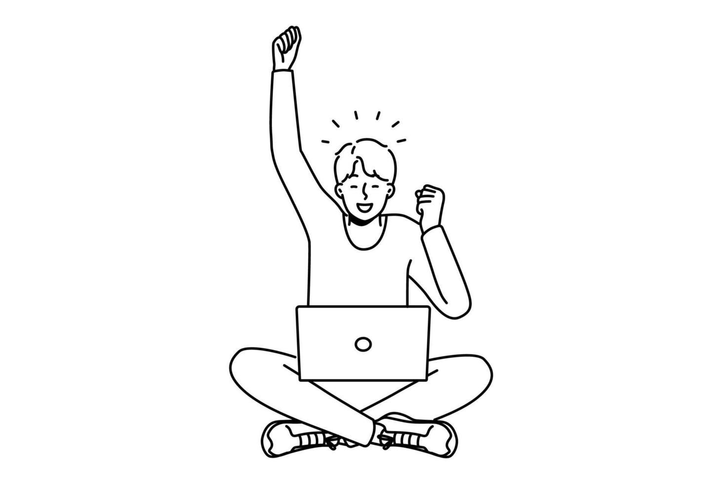 Excited young man use laptop triumph with good news or message online. Happy guy feel emotional celebrate success or promotion. Vector illustration.