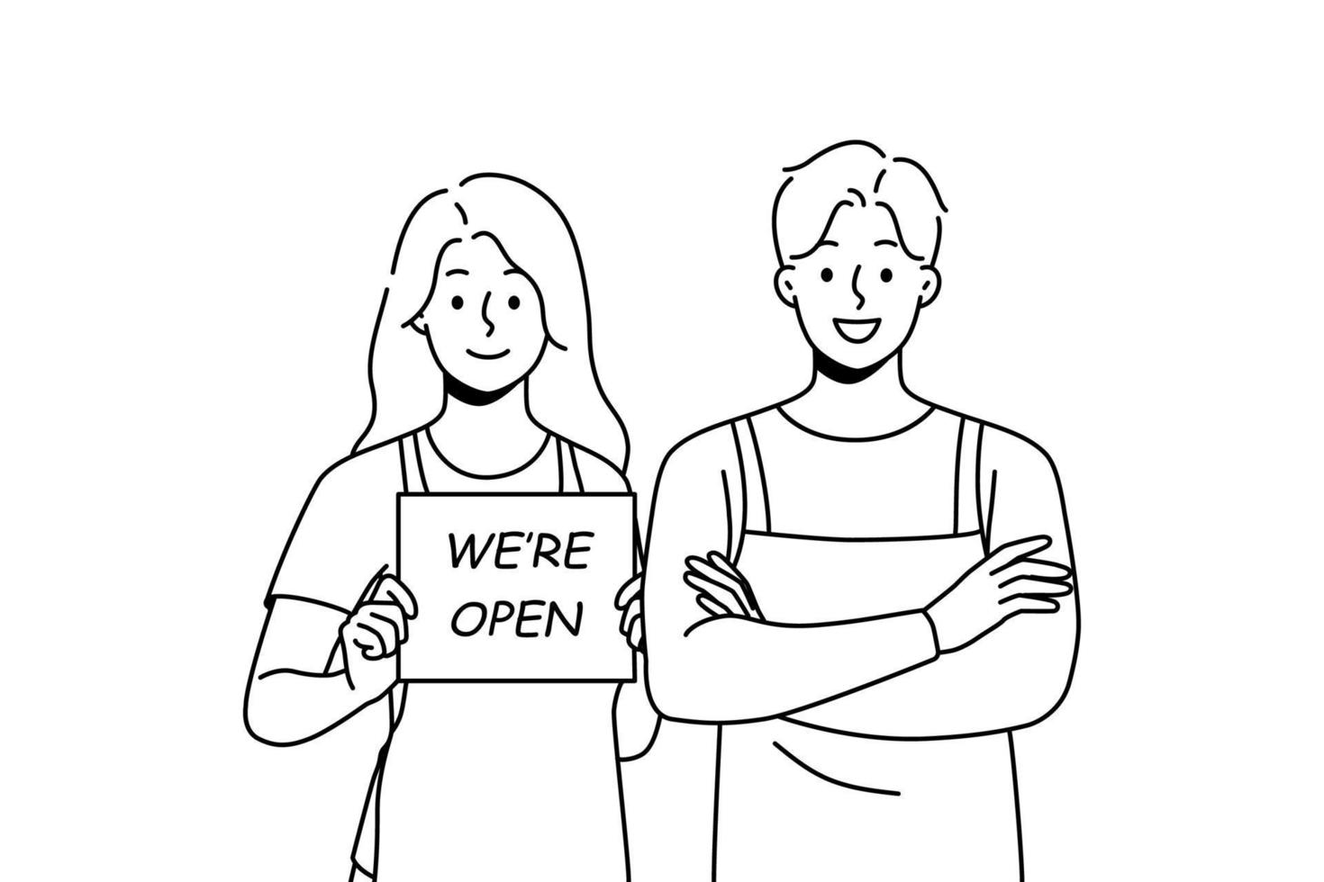 Smiling waiters in aprons hold open sign. Happy man and woman cafe staff notify about shop opening. Vector illustration.