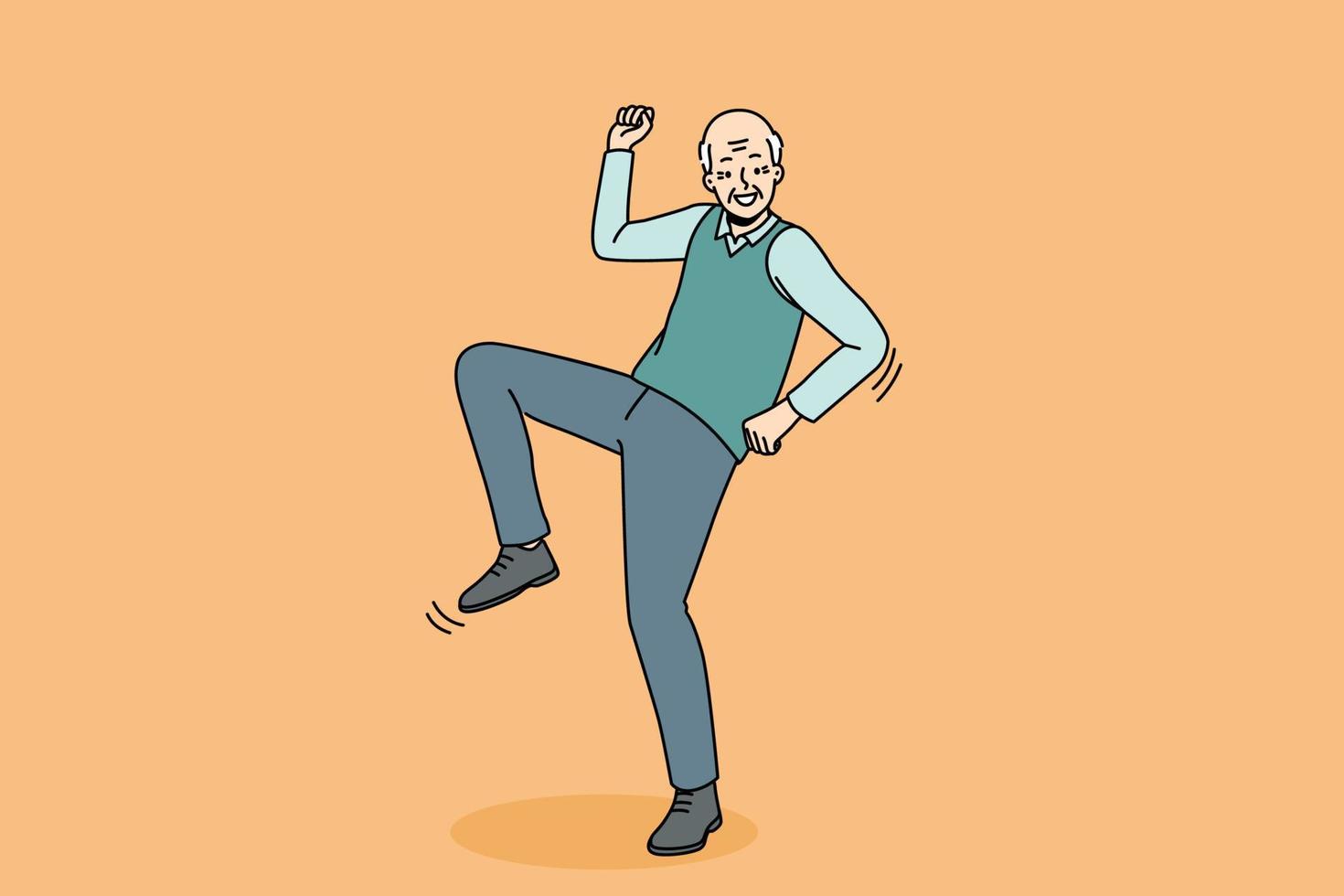 un anciano feliz se divierte bailando. el anciano abuelo sonriente y enérgico se siente optimista y positivo en movimiento. madurez sana. ilustración vectorial vector