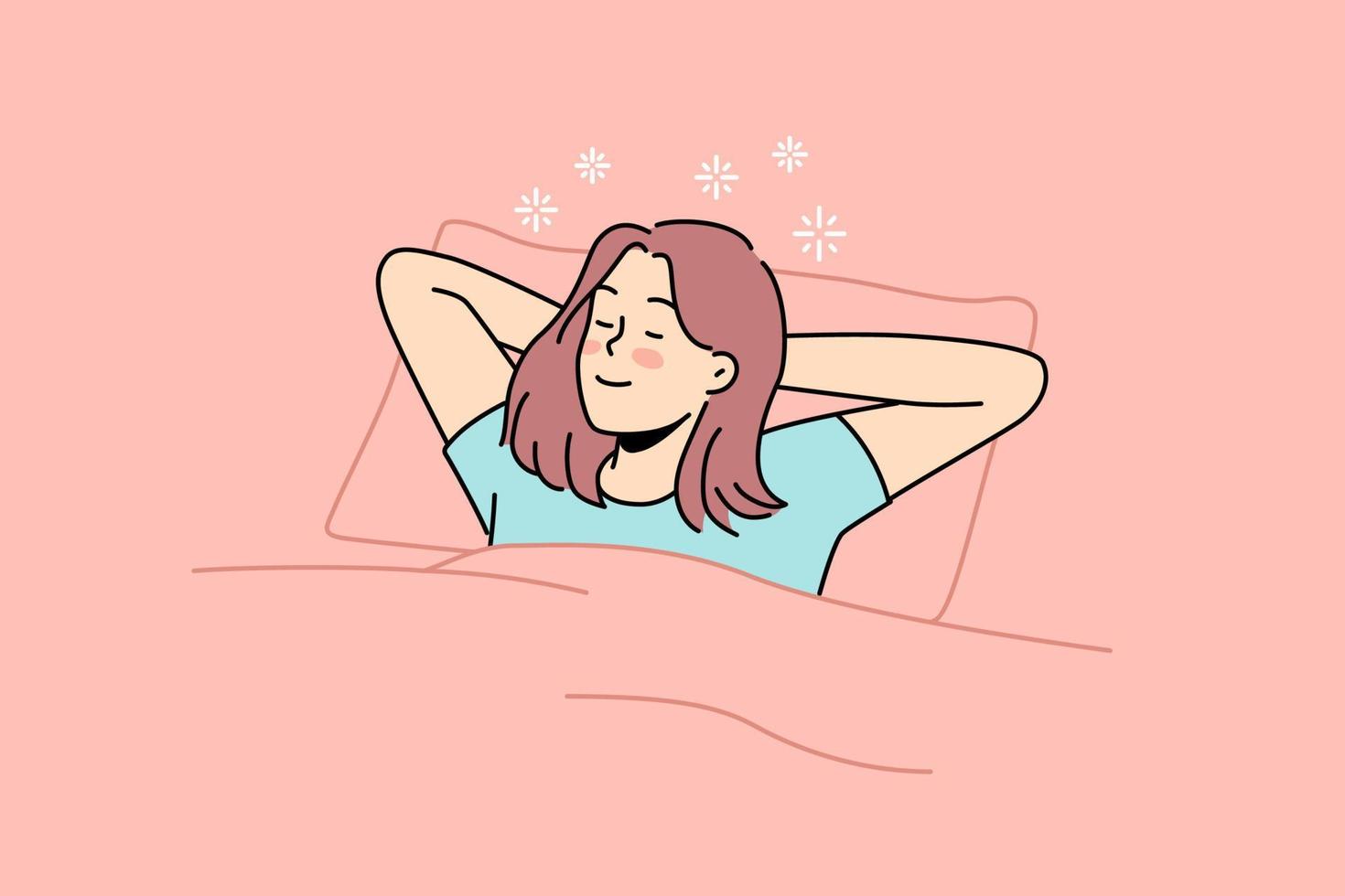 Happy young woman lying in bed sleeping. Smiling girl relax in bedroom dreaming or napping. Relaxation and comfort. Vector illustration.