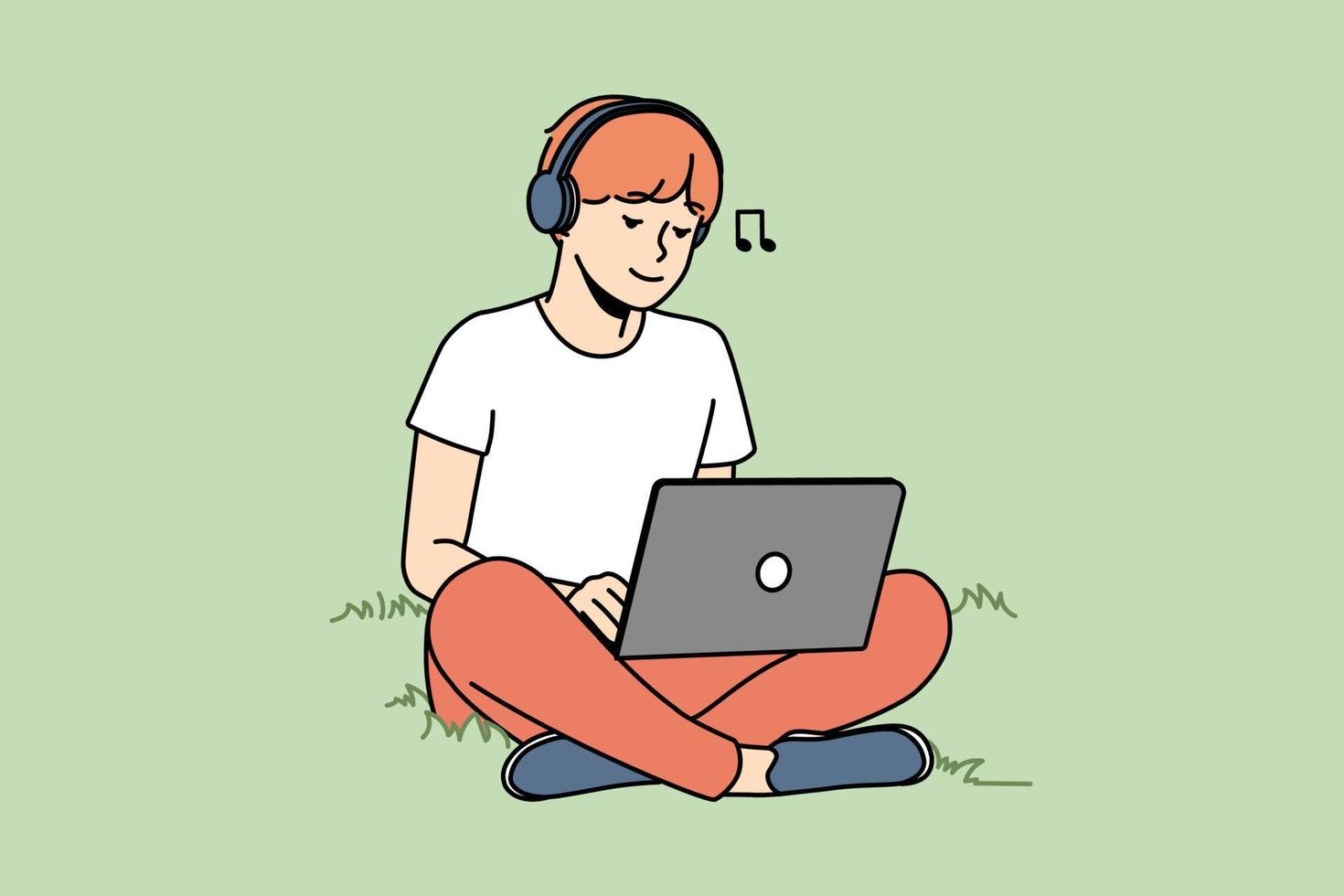 Guy sitting on grass outdoors working on laptop wearing earphones. Happy man relax outside with computer listen to music in headphones. Vector illustration.