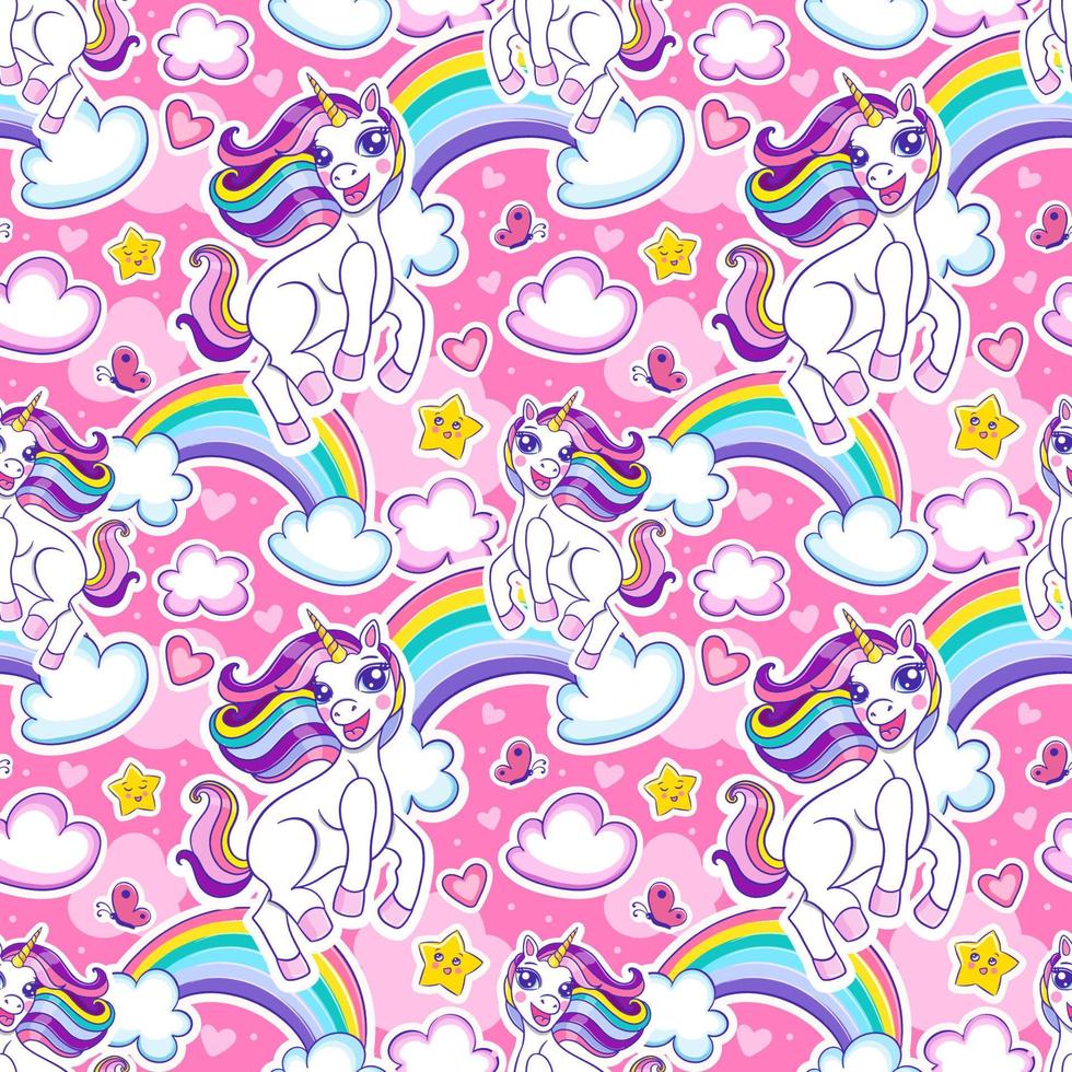 Seamless pattern with cute cheerful unicorn and rainbow. Vector endless background