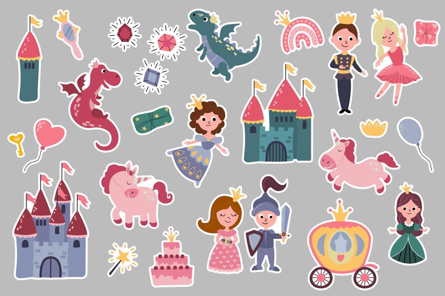 conjunto de pegatinas con princesas, príncipe, caballero, castillos, unicornios, arco iris, dragones, carruaje. ilustración dibujada a mano. vector. vector