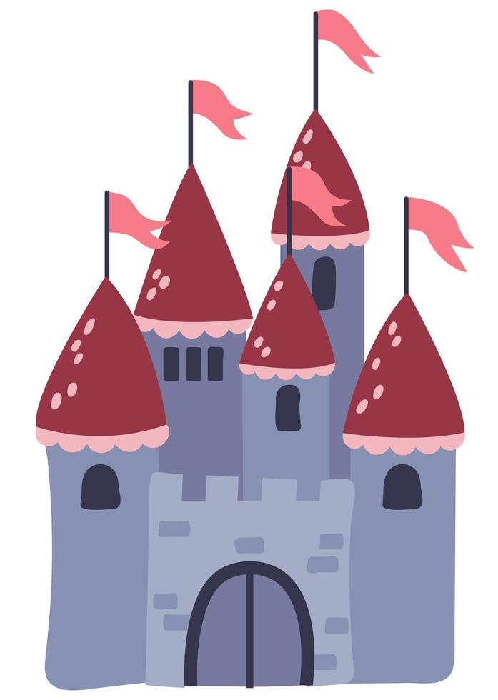 Princess castle. Drawn style. White background, isolate. Vector illustration.