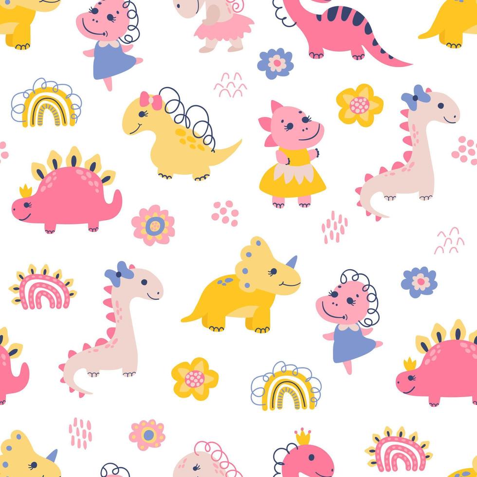 Seamless pattern with dino girls. Design for fabric, textile, wallpaper, packaging. vector