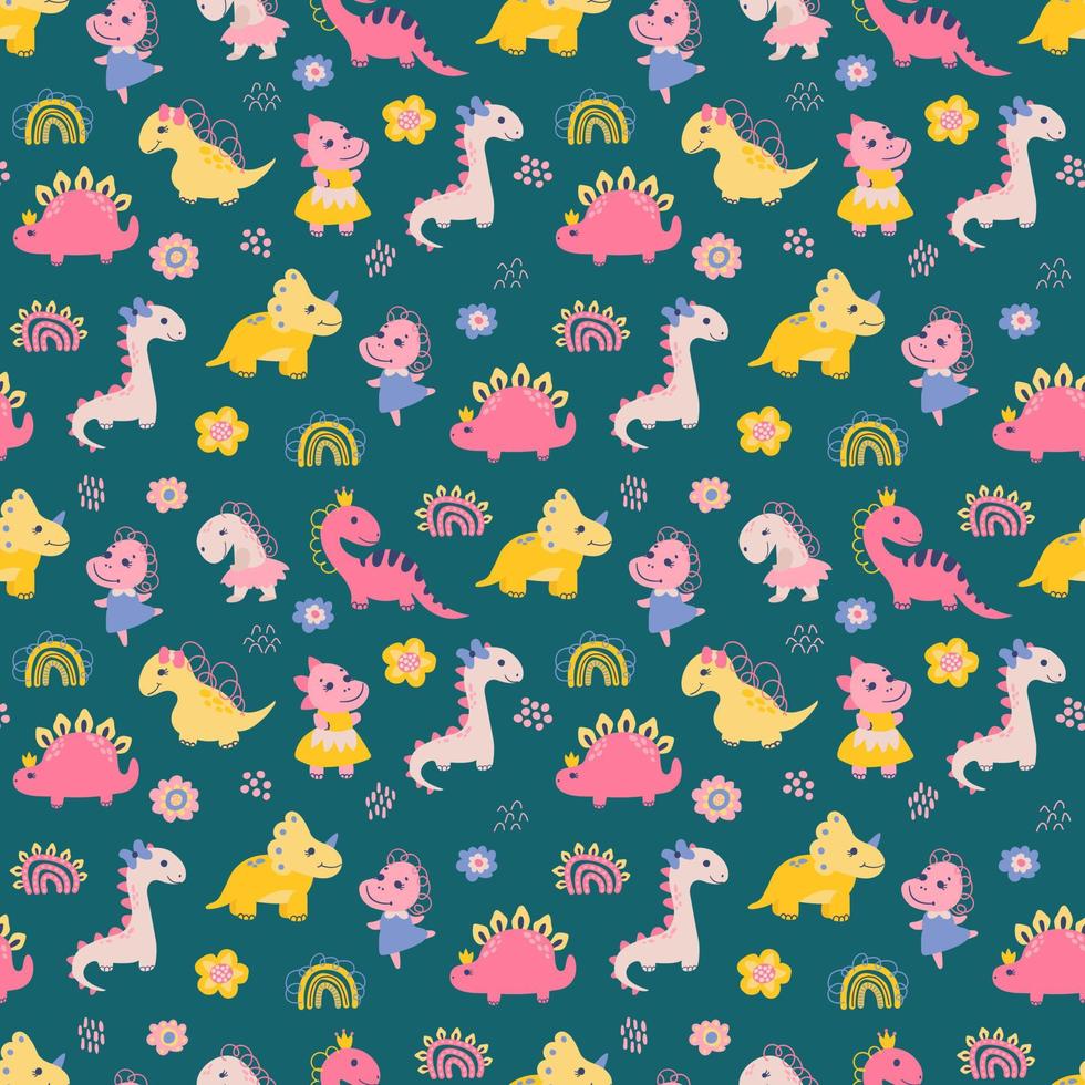 Seamless pattern with dino girls. Design for fabric, textile, wallpaper, packaging. vector