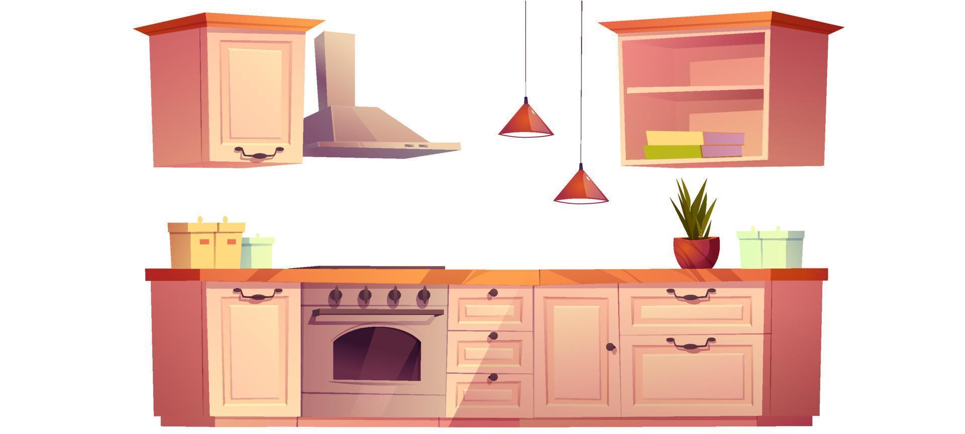 Kitchen interior set with cooking counter, stove vector