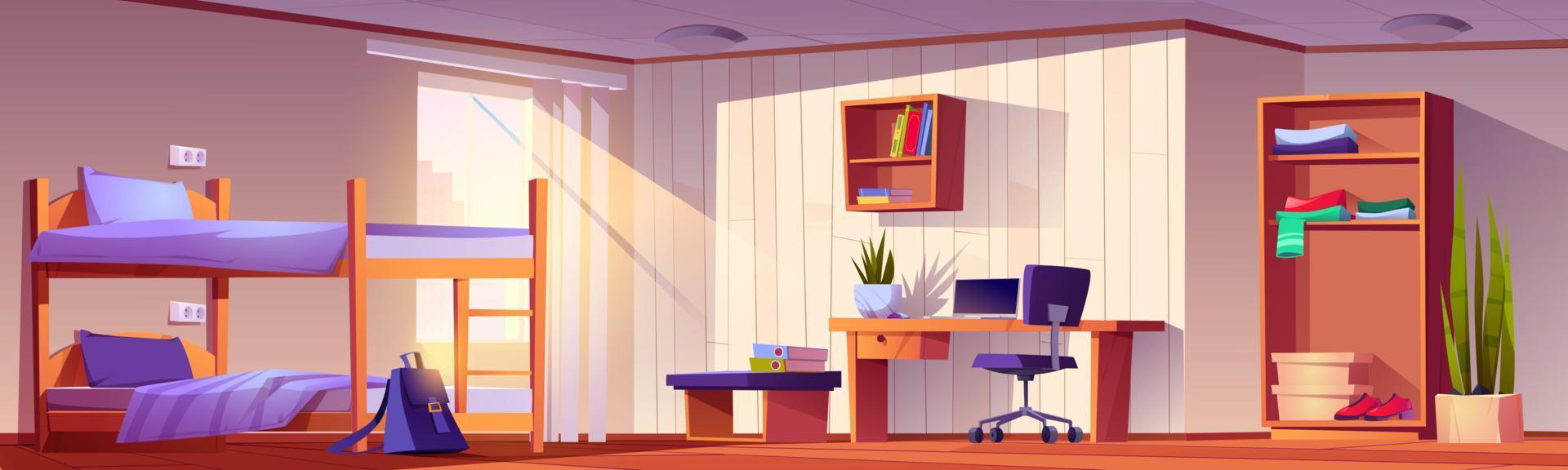 Student bedroom in dormitory with bunk bed, dorm vector