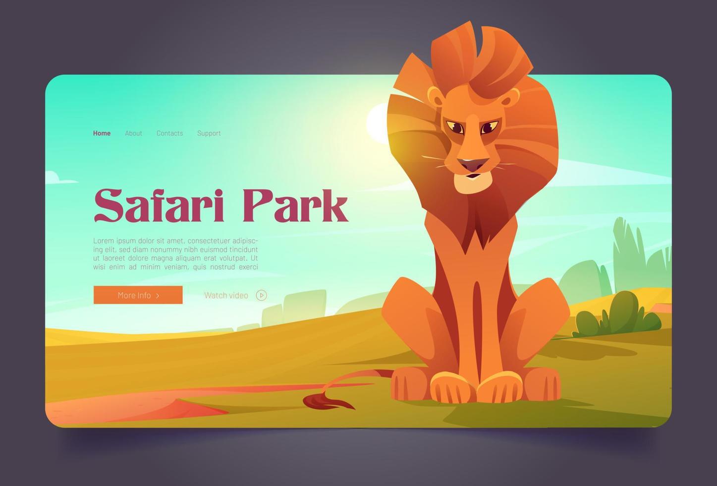 banner del parque safari con un lindo león en la sabana vector