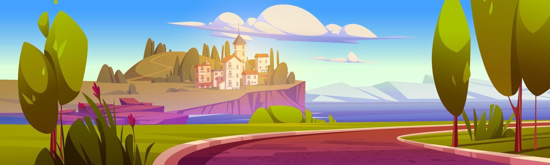 paisaje mediterráneo de verano con mar y ciudad vector