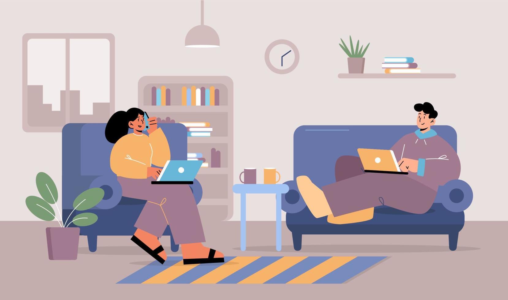 People work with laptop and phone at home vector