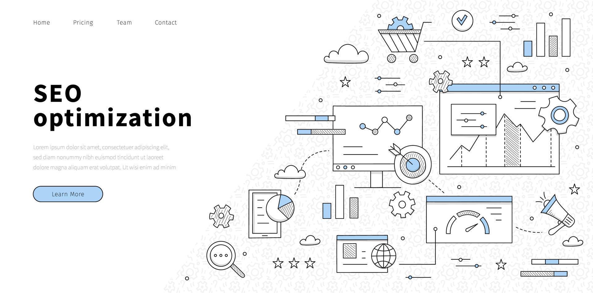 SEO optimization line art landing page, business vector