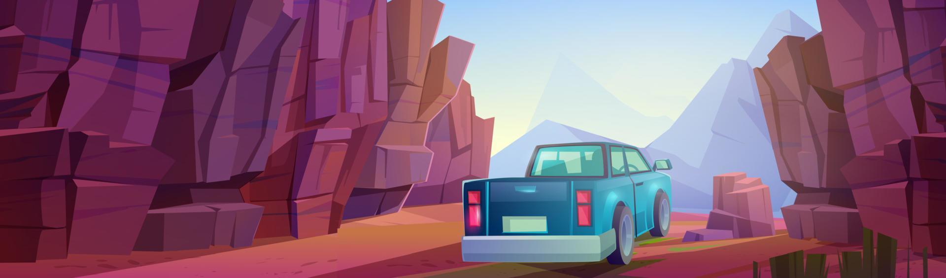 Pickup truck rides through canyon in mountains vector