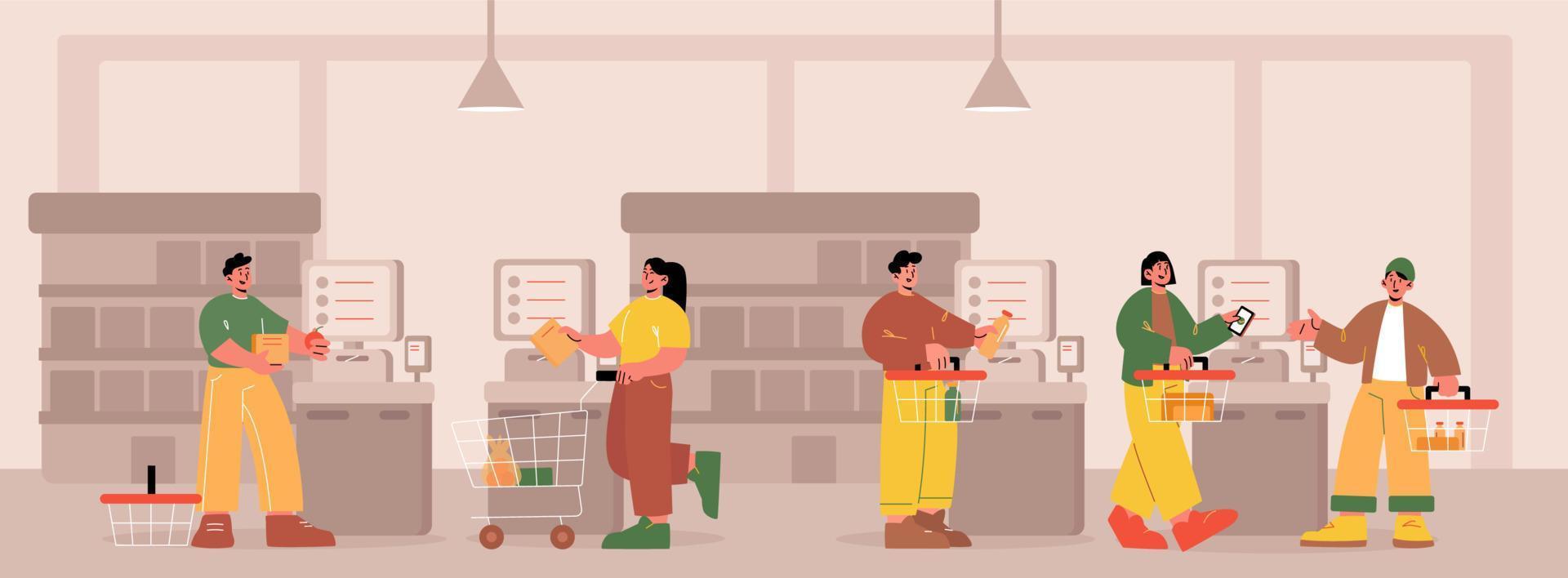 People use self service payment in supermarket vector