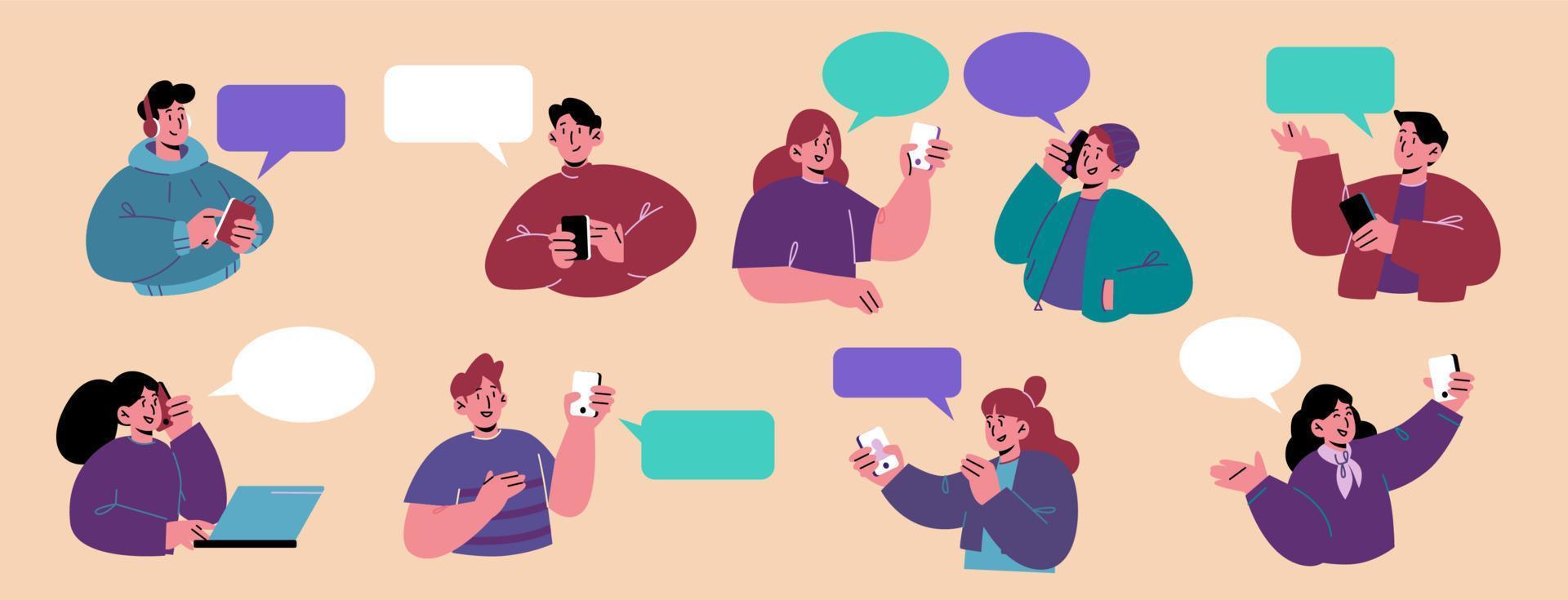 Young people with smartphones and speech bubbles vector