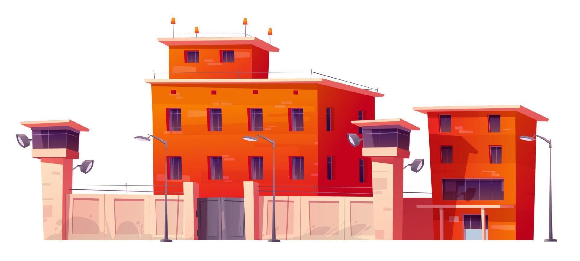 edificio de prisiones, cárcel con valla y torres de vigilancia vector