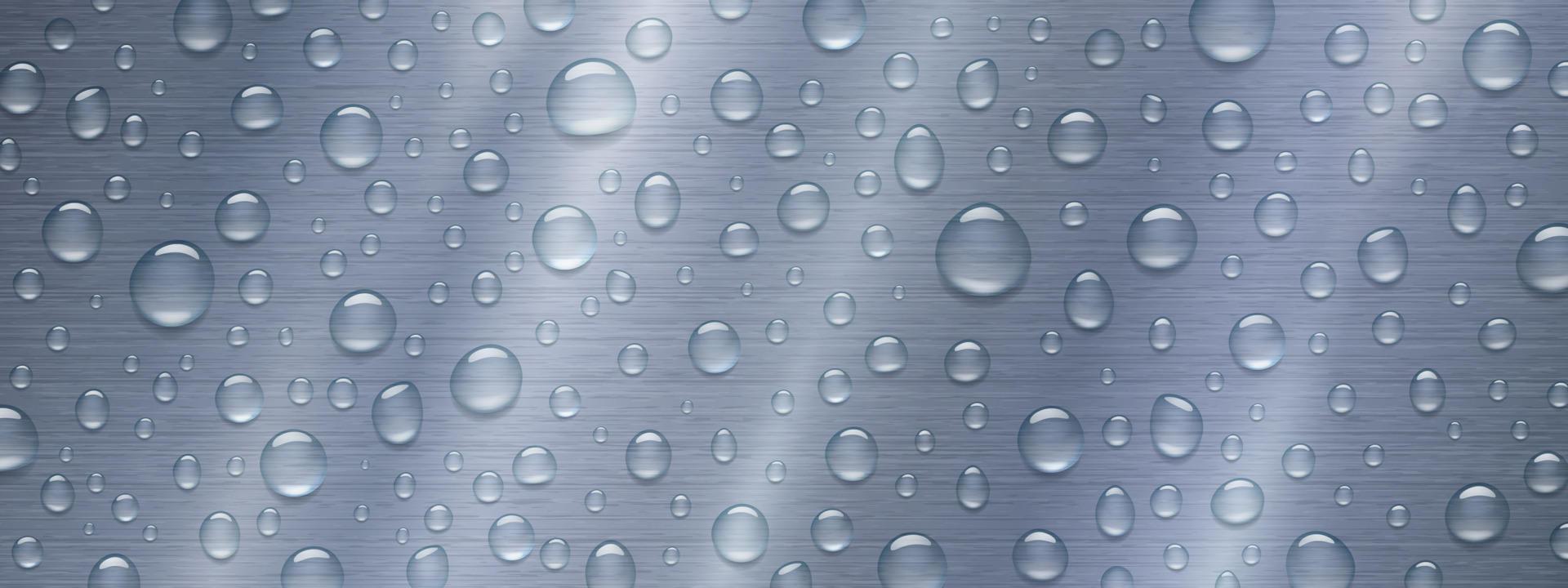 Water drops on metal background, rain droplets vector