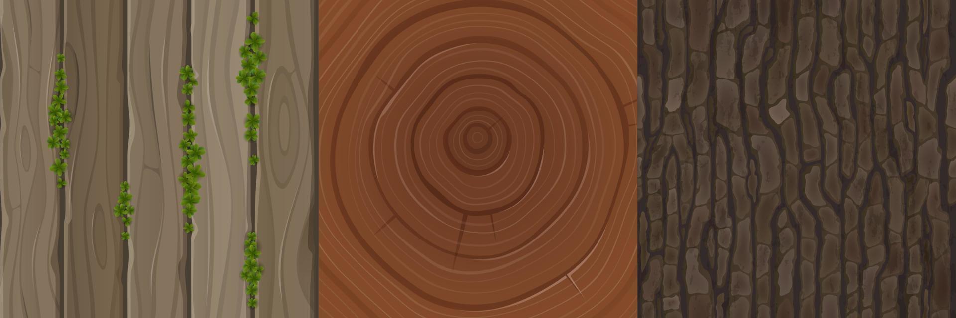 texturas de madera de troncos, cortezas y tablas de árboles cortados vector