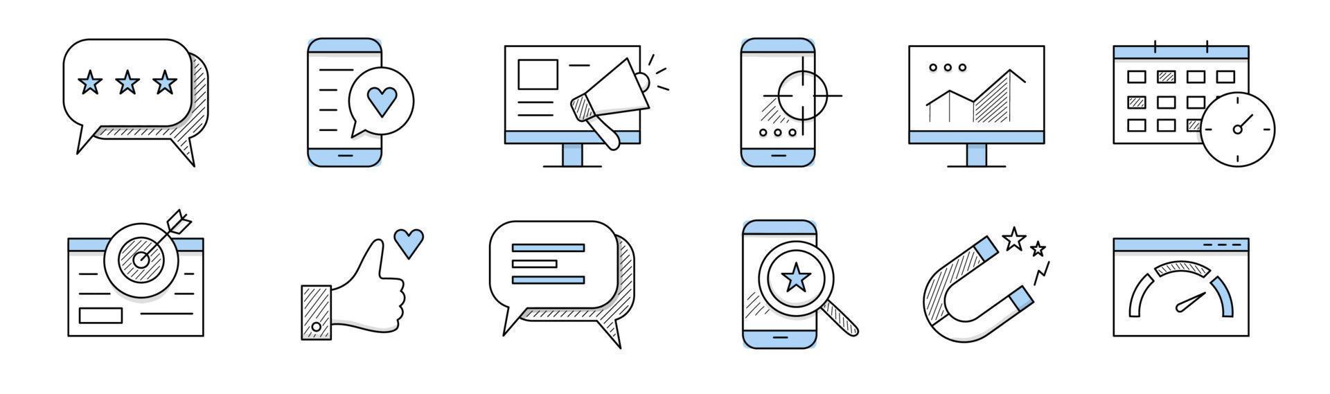 SMM doodle icons, line art isolated vector signs