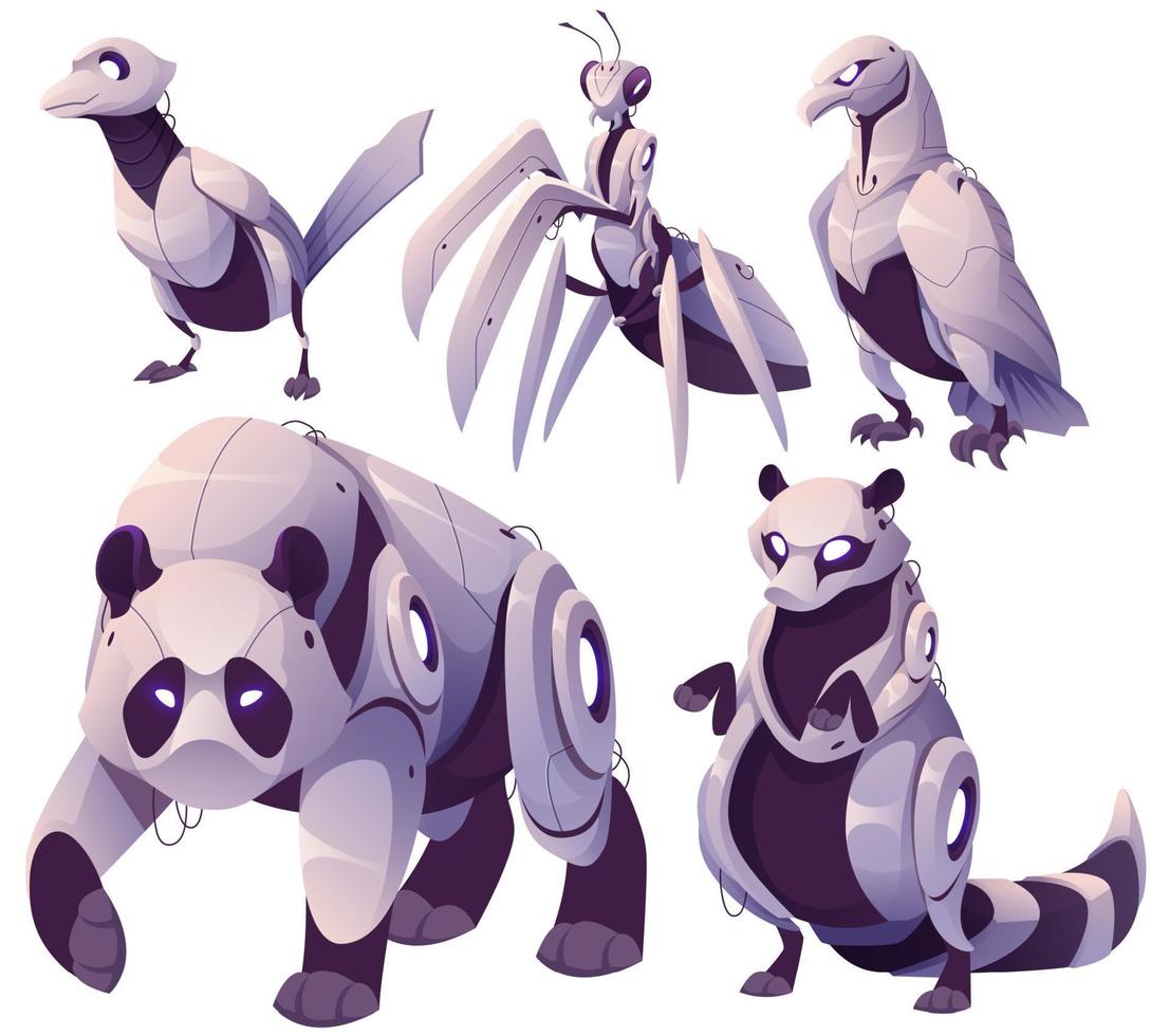 Robots magpie, eagle, panda, wasp and raccoon vector