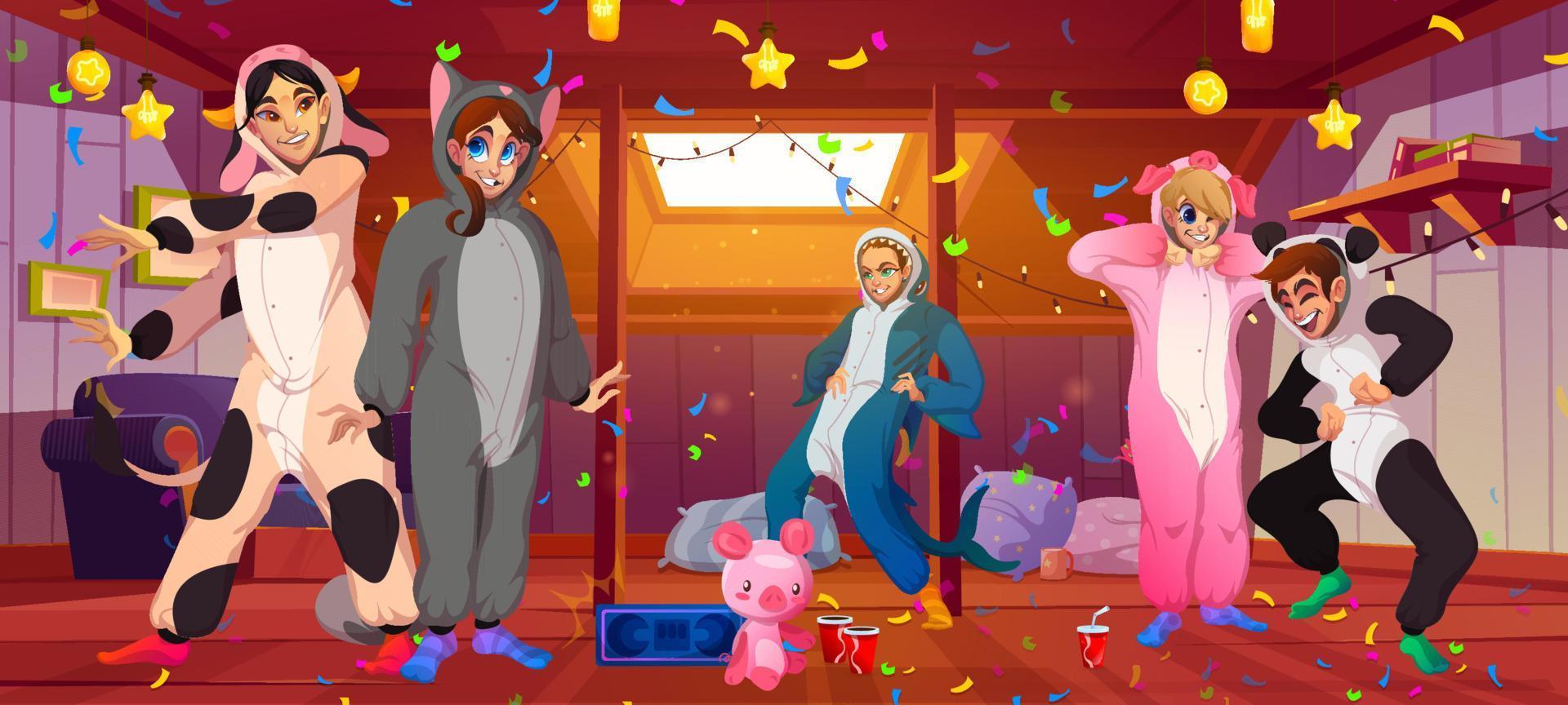 fiesta de pijamas kigurumi en el ático de la casa, prisa de los amigos vector