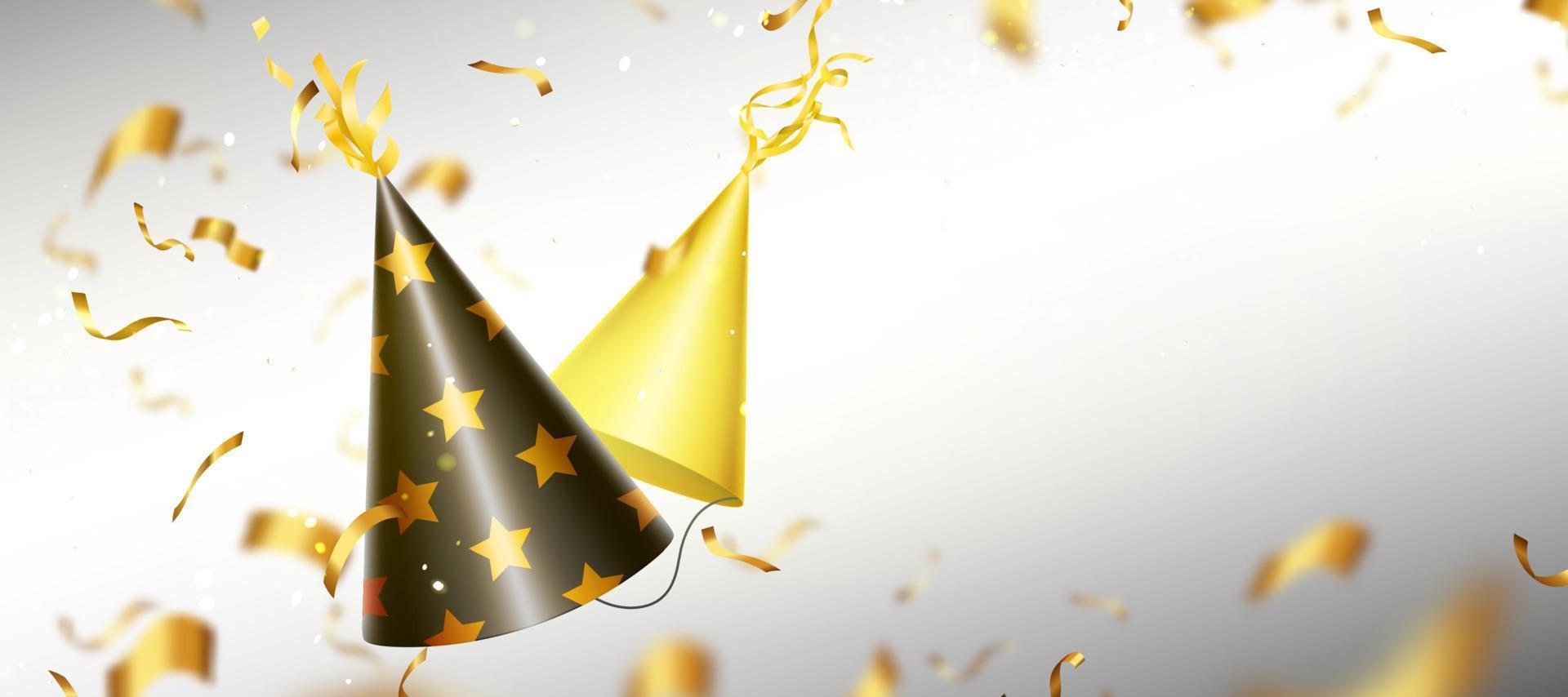 Holiday poster with golden party hats and ribbons vector