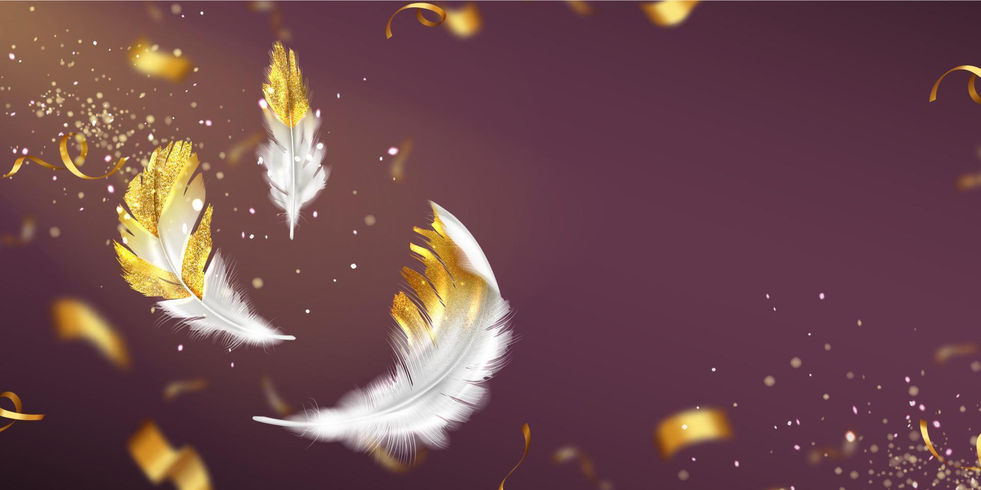 Background with white feathers with gold glitter vector