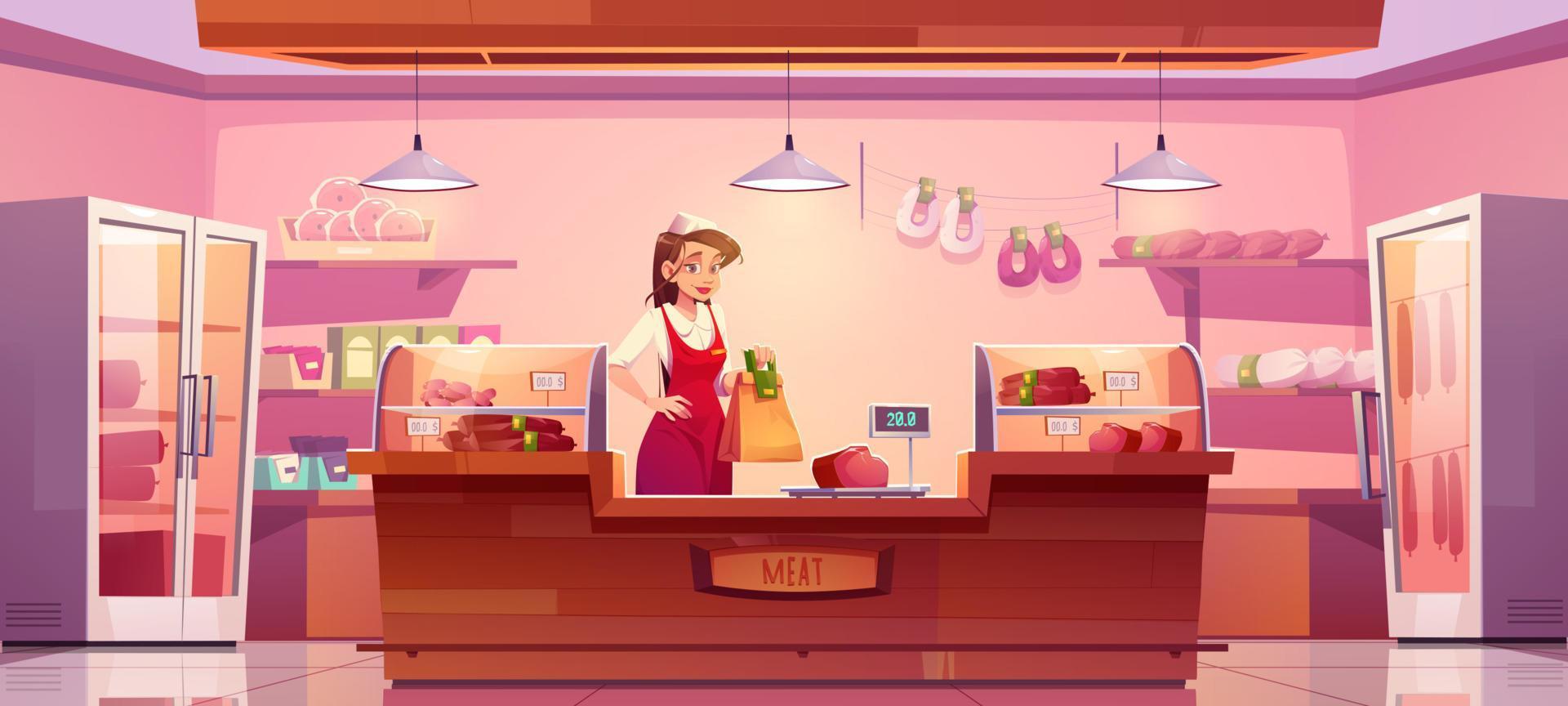 Meat store with woman seller, counter and sausages vector