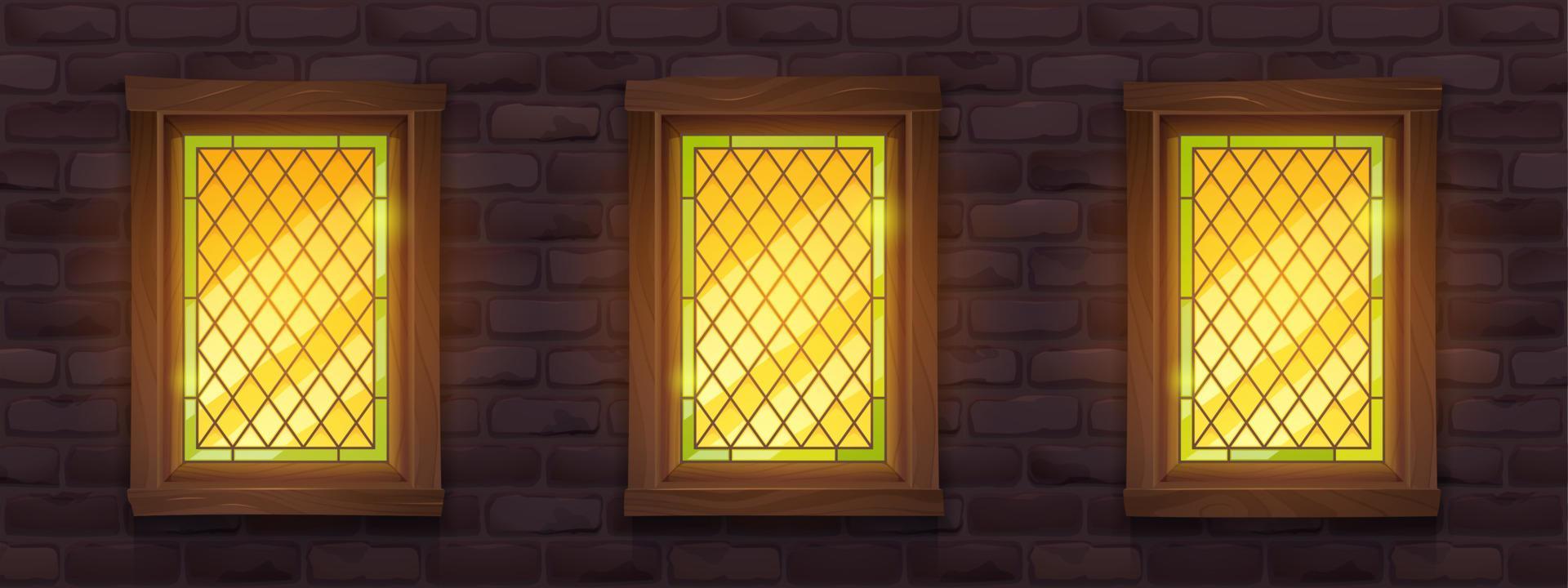 Old brick wall with glow stained windows at night vector
