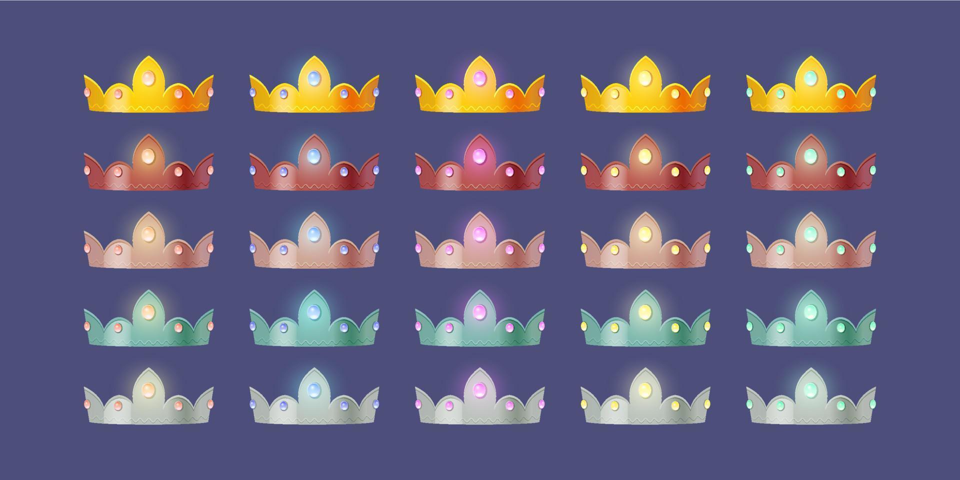 Game icons of royal crowns with gemstones vector