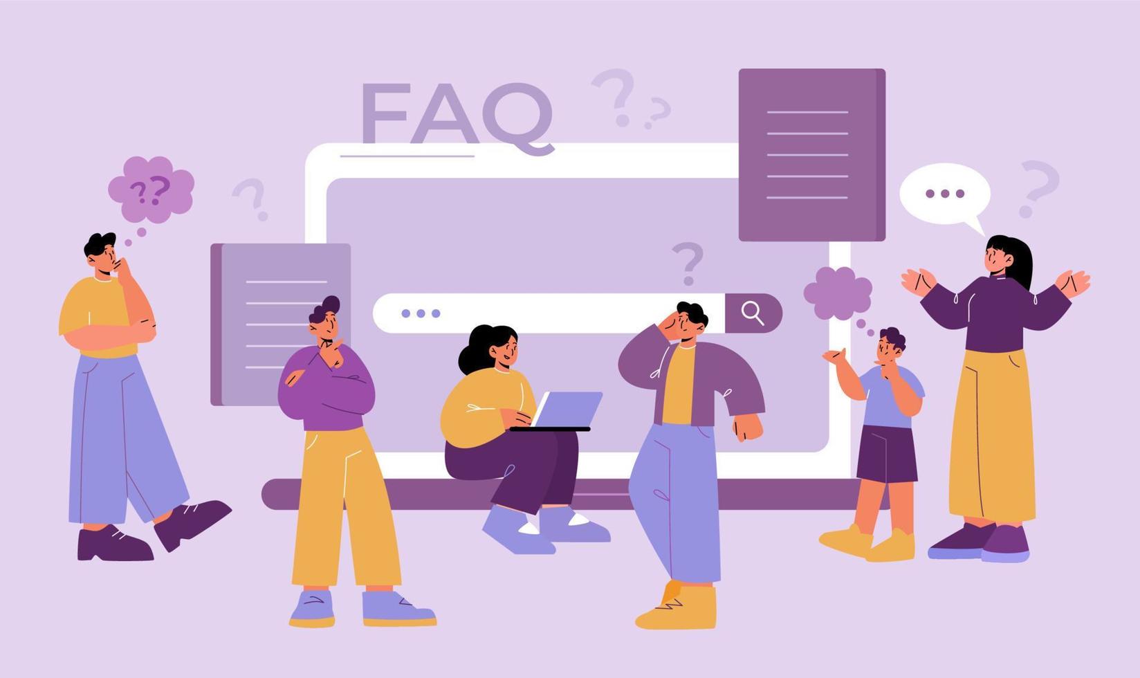Pensive people and FAQ page on laptop vector