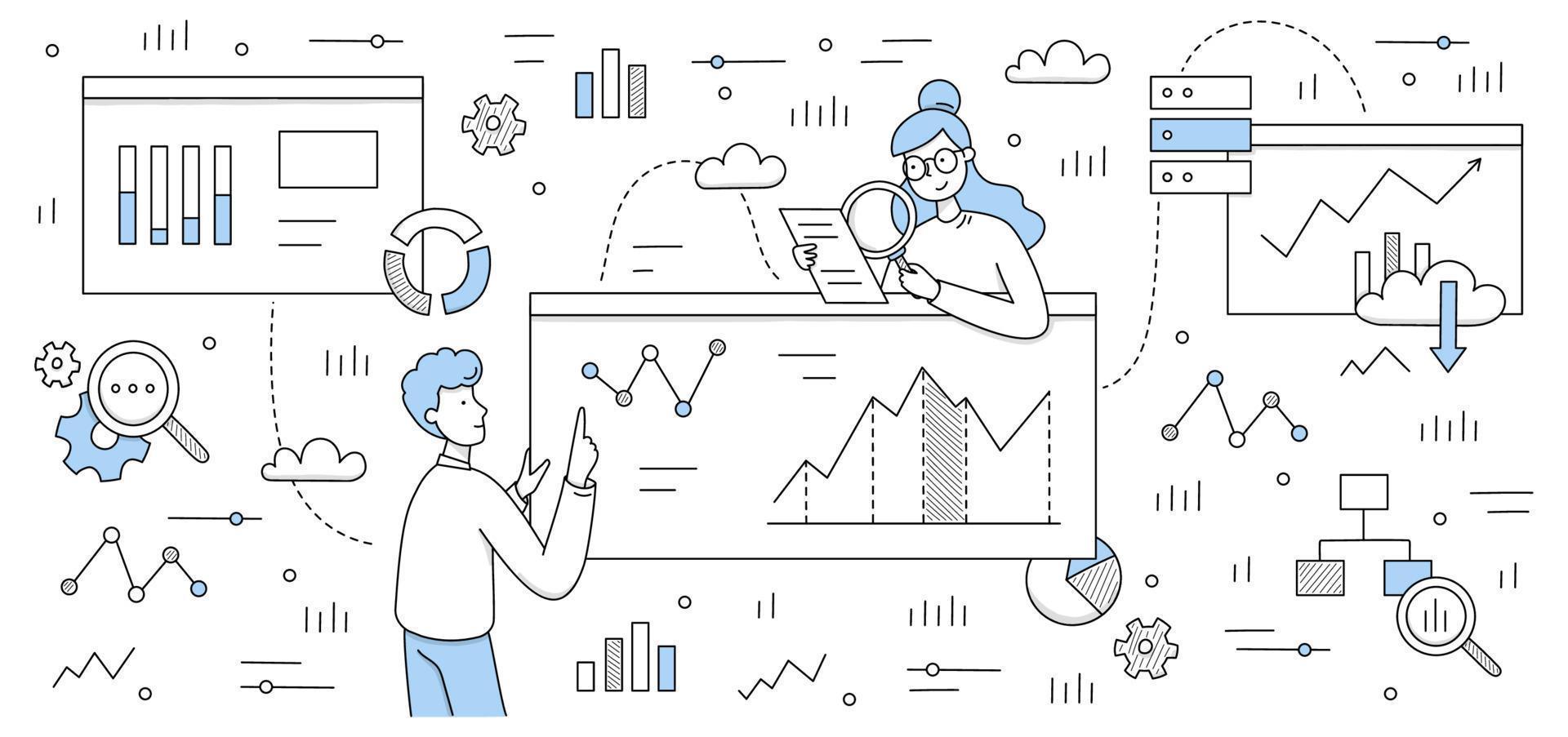 concepto de análisis de datos, investigación de analistas de negocios vector