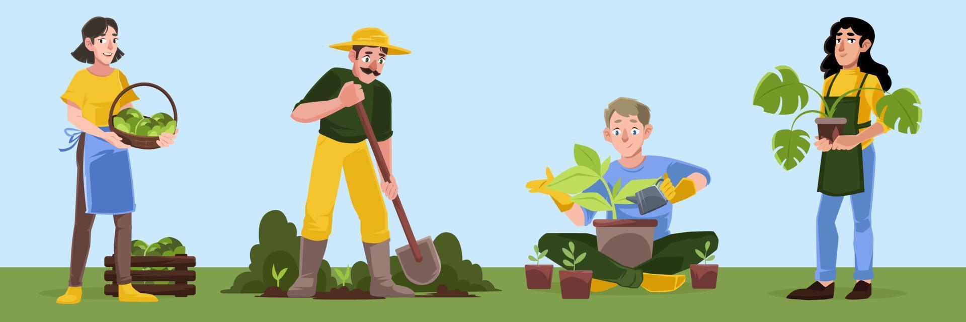 trabajos de jardinería o agrícolas. hombres y mujeres jardineros vector